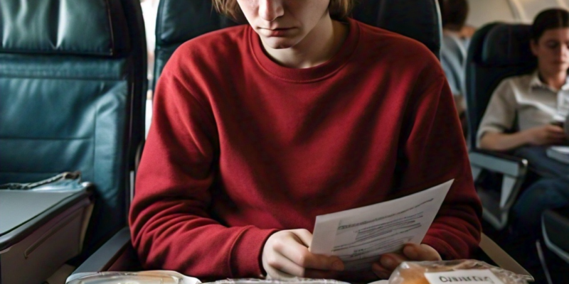 Traveler holding a list of food allergies, surrounded by various safe food items, at an airport